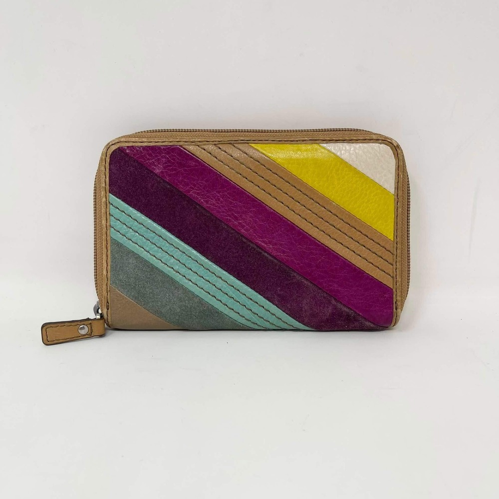 Fossil Wallet Slim Diagonal Patchwork Suede Striped Zip Around Organizer